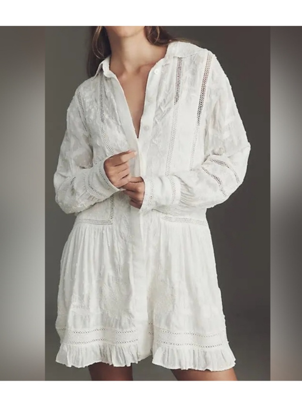Anthropologie White Lace-Trim Shirt Mini Dress